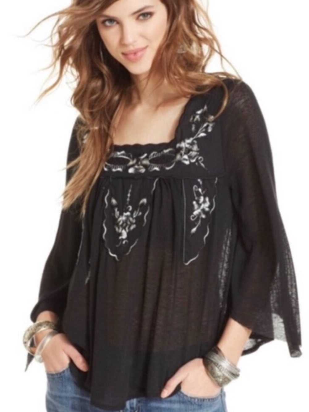 Free People Bed of Roses Top, Black Floral Combo, Size Small
